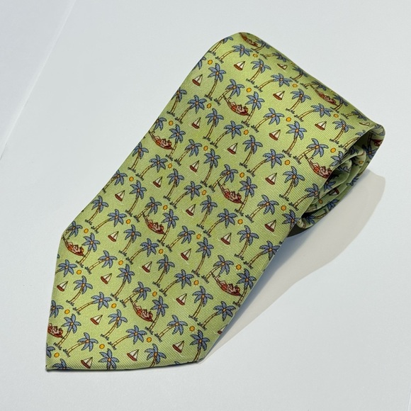 SALVATORE FERRAGAMO light green blue silk palm tree boat print tie